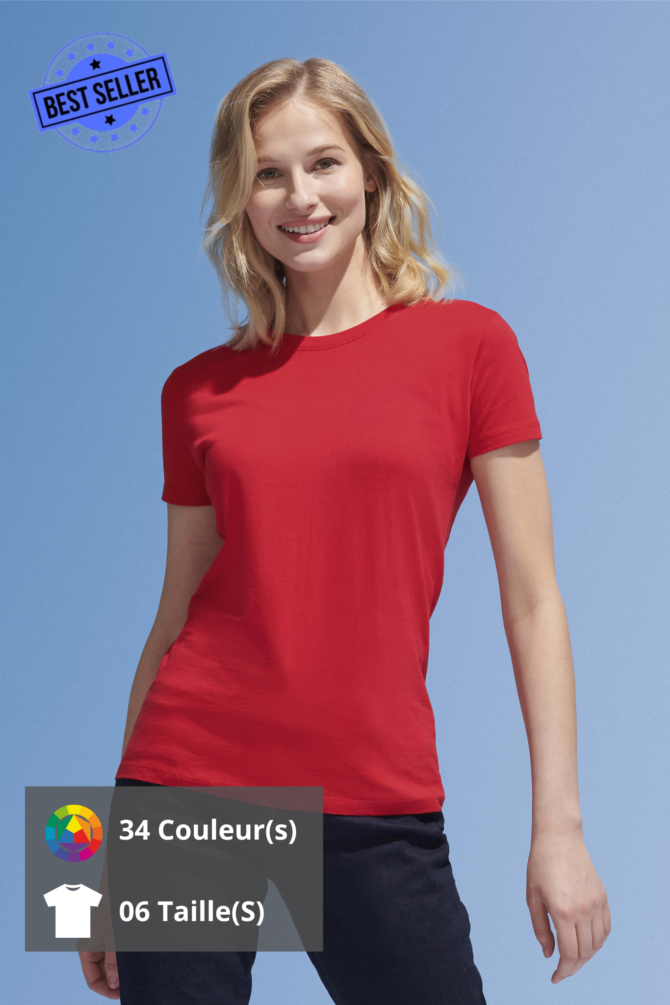 Un t-shirt Sol's Imperial rouge à manches courtes et col rond porté par un mannequin femme blonde