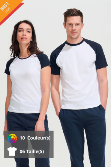 une femme et un homme, portent des t-shirts a manches courtes et col rond de SOL'S FUNKY bleu et blanc,